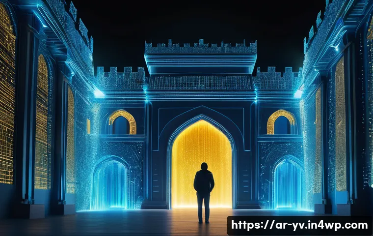 암호화 프로토콜과 데이터 주권의 중요성 - **Prompt:** "A majestic, intricately designed digital fortress, glowing with ethereal blue and gold ...