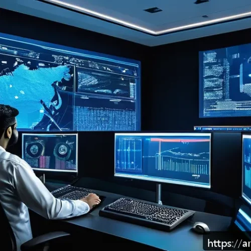 Home 26 암호화 프로토콜의 보안 감사 및 평가 방법 - A sophisticated cybersecurity control room designed for Arabic-speaking professionals, featuring mul...