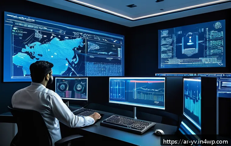 암호화 프로토콜의 보안 감사 및 평가 방법 - A sophisticated cybersecurity control room designed for Arabic-speaking professionals, featuring mul...