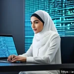 Home 20 사이버 범죄와 암호화 프로토콜의 대응 전략 - A modern Middle Eastern woman sitting confidently at a sleek desk in a high-tech home office, surrou...