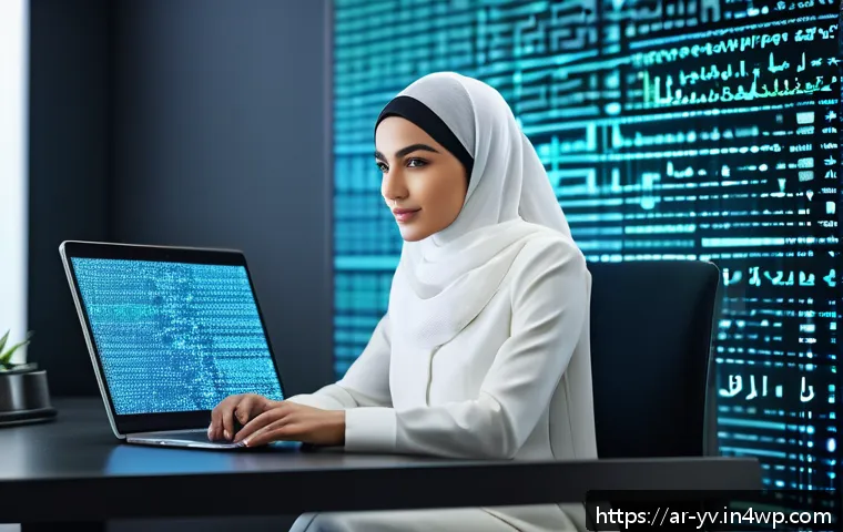 사이버 범죄와 암호화 프로토콜의 대응 전략 - A modern Middle Eastern woman sitting confidently at a sleek desk in a high-tech home office, surrou...