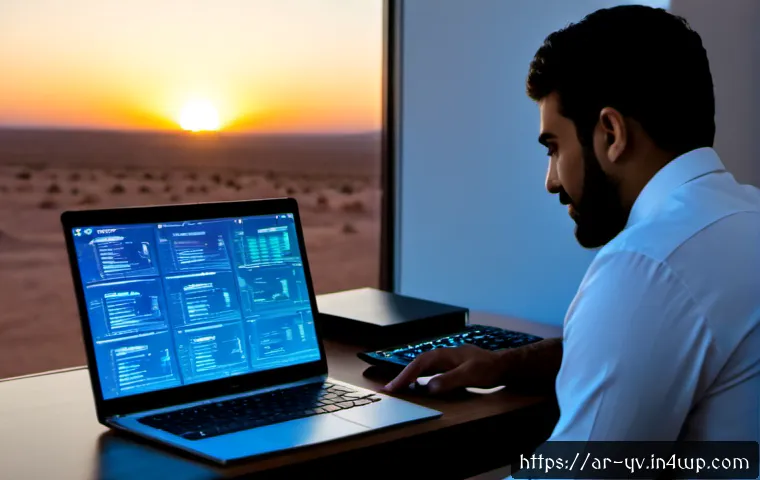 Home 15 웹 애플리케이션에서의 암호화 프로토콜 통합 - Photorealistic cybersecurity workspace in a modern Middle Eastern office, Arab software engineer in ...