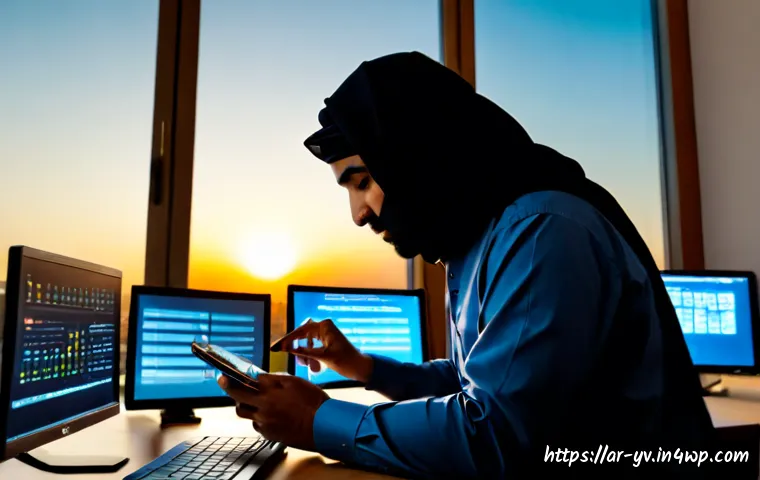 암호화 프로토콜의 간편화 및 자동화 방법 - Photorealistic modern Gulf-region office, an Arab cybersecurity professional in modest business atti...